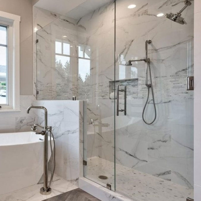 modern shower with glass panels and door from Blossom Hill Glass in San Jose, CA