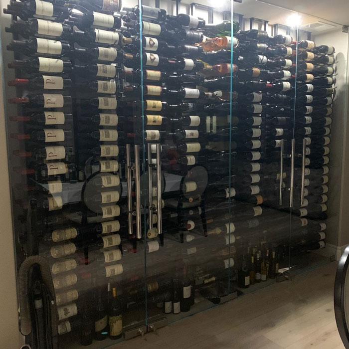 custom wine cellar with glass french doors for access from Blossom Hill Glass in San Jose, CA