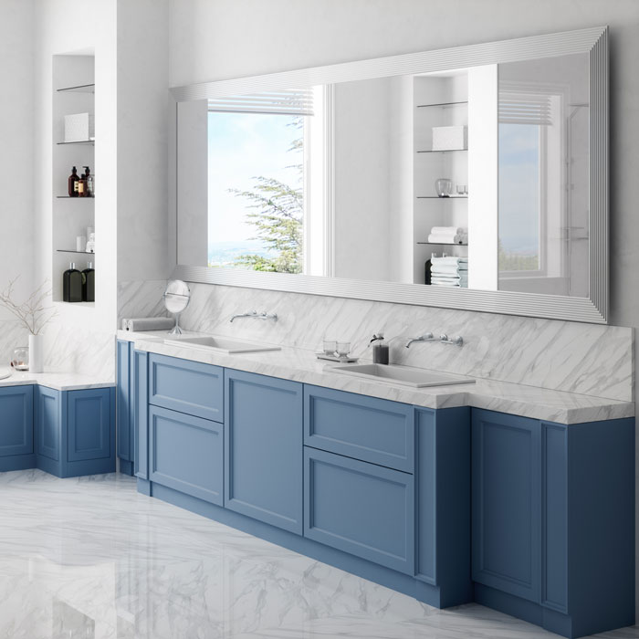 modern bathroom with large custom mirror over dual sink vanity