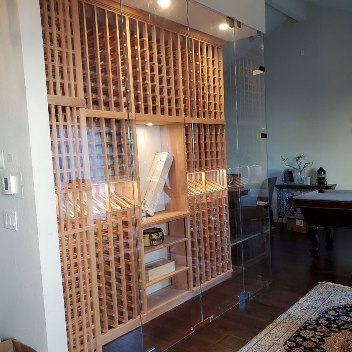 custom wine cellar encased in large glass panes from Blossom Hill Glass in San Jose, CA